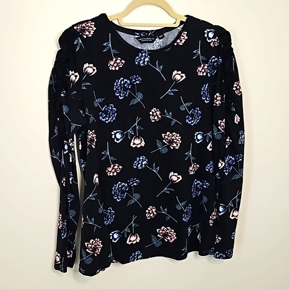 Dorothy Perkins Black Floral Long Sleeve Top US 14 🎯